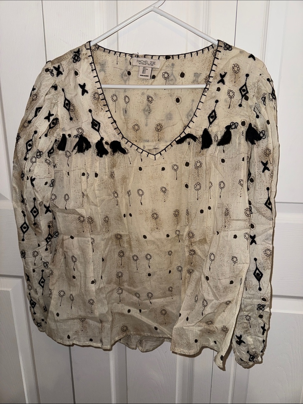 Rachel Zoe Cream Blouse with Black Tassel Trim